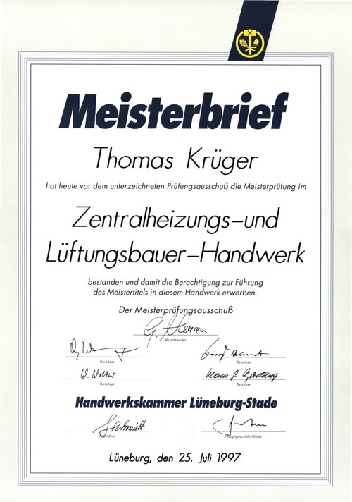 Meisterbrief Thomas Krüger