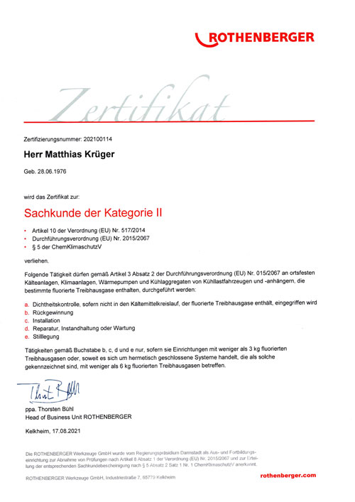 Rothenberger Zertikat Sachkunder der Kategorie II - Matthias Krueger