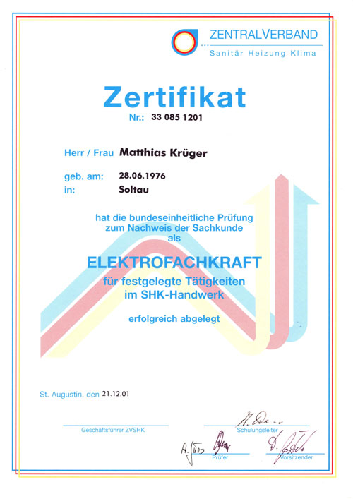 SHK-Zertifikat Elektrofachkraft - Matthias Krueger
