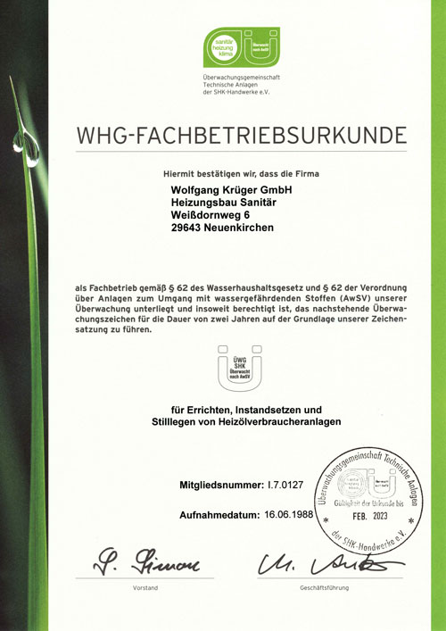 WHG-Fachbetriebsurkunde - Wolfgang Krueger GmbH