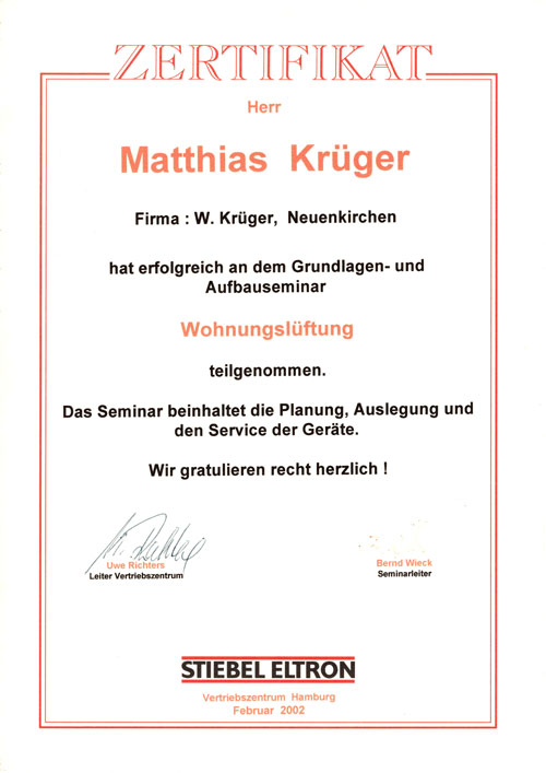 Stiebel-Eltron-Zertifikat Wohnungslüftung - Matthias Krüger
