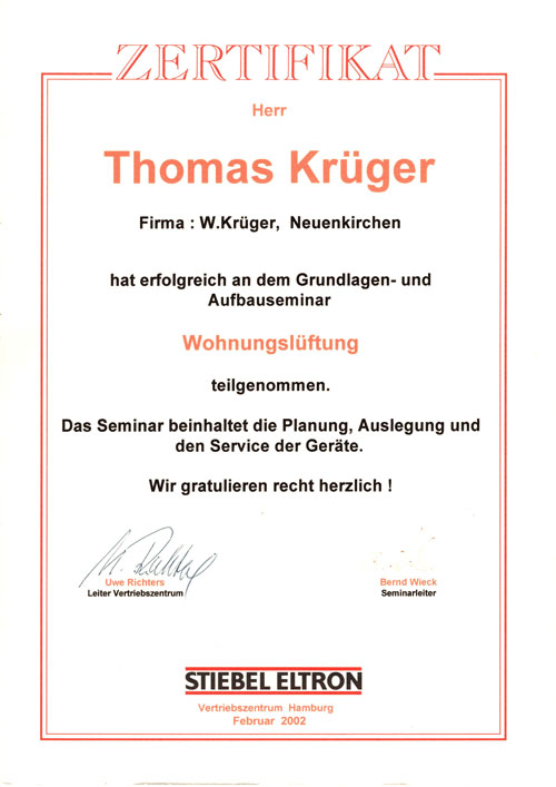 Stiebel-Eltron-Zertifikat Wohnungslüftung - Thomas Krüger